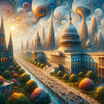 The primary subject of the image is a painting of a cityscape featuring a large building, possibly the Washington Monument, and a river running through it. The setting is a city with a mix of historical and modern architecture. The visual style is a digital art or illustration, creating a vibrant and detailed scene. The colors and mood of the painting are lively and energetic, with a focus on the city's beauty and charm.
